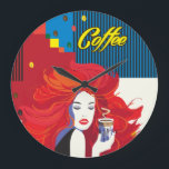 Grande Horloge Ronde "Belle Femme de mode avec Café Cup" Pop Art<br><div class="desc">Grande horloge murale "Belle femme de mode avec café" Pop Art tendance Illustration élégante,  Poster de travail d'art pour cadeaux et cadeaux de vacances Extraordinaires,  Décor maison,  Art & Décor,  Horloges Produit décoratif,  Grande horloge murale Design moderne "Belle femme de mode avec café" - Collection.</div>
