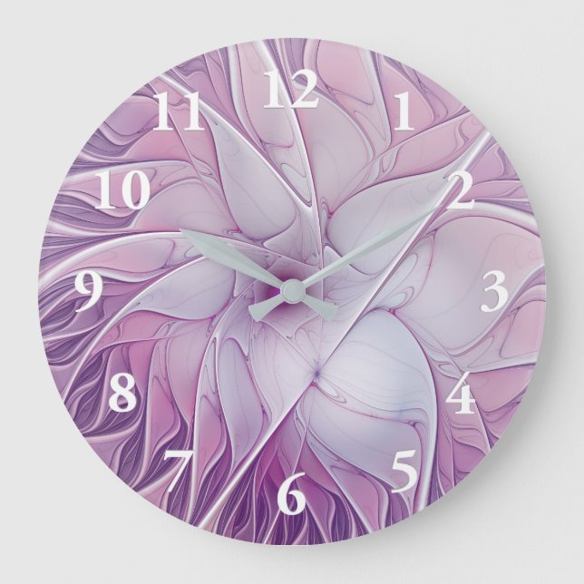 Grande Horloge Ronde Belle Fleur rose moderne Fractal Art Abstrait (Recto)