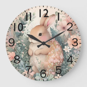 Grande Horloge Ronde Belle Impression de Lapin à l'Aquarelle Vibrante