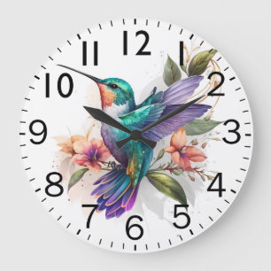 Grande Horloge Ronde Belle impression d'oiseau-mouche aquarelle vibrant
