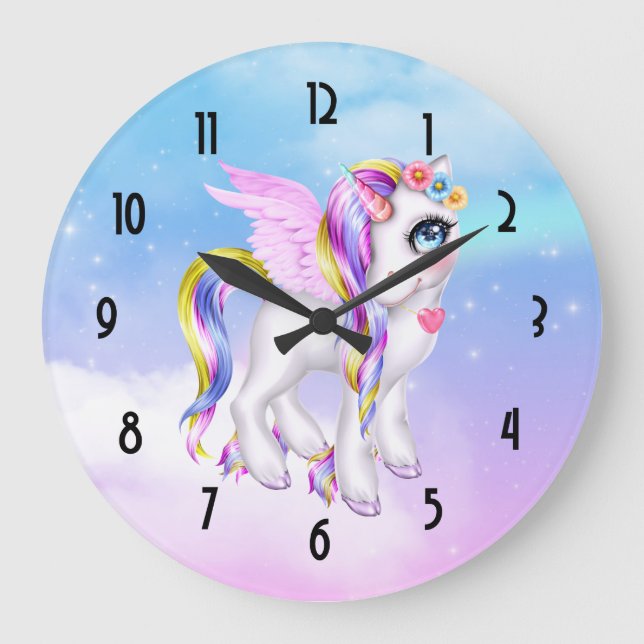 Grande Horloge Ronde Belle licorne avec Rainbow Mane & Tail (Recto)
