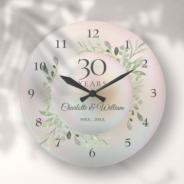 Grande Horloge Ronde Belle Perle 30e Anniversaire de Vert feuillage (Beautiful Pearl 30th Anniversary Greenery Large Clock)