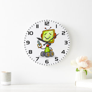 Grande Horloge Ronde Belle Robot Rétro Cartoon Amusant IA Tech Art numé