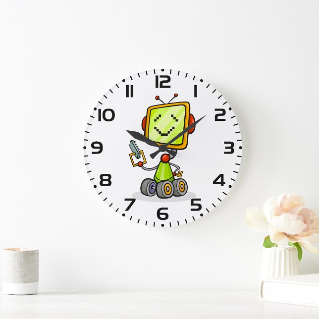 Grande Horloge Ronde Belle Robot Rétro Cartoon Amusant IA Tech Art numé (Créateur téléchargé)