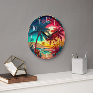 Grande Horloge Ronde belles palmiers colorés maison de plage