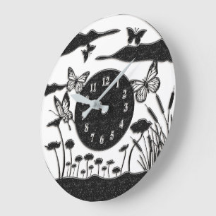 Grande Horloge Ronde Belles papillons bleus/or