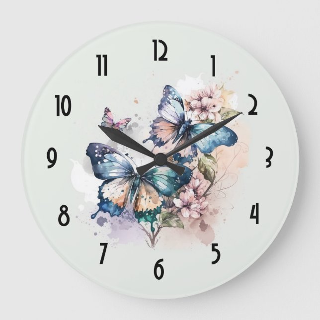 Grande Horloge Ronde Belles papillons et fleurs (Recto)