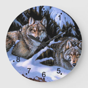 Grande Horloge Ronde Belles Peintures Deux Loups