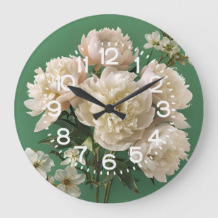 Grande Horloge Ronde Belles pivoines blanches et roses sur fond vert
