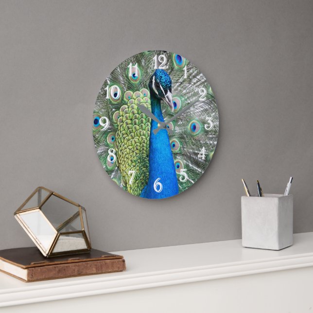 Grande Horloge Ronde Belles plumes de paon bleu (Bureau)