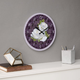 Grande Horloge Ronde Belles Roses Blanches