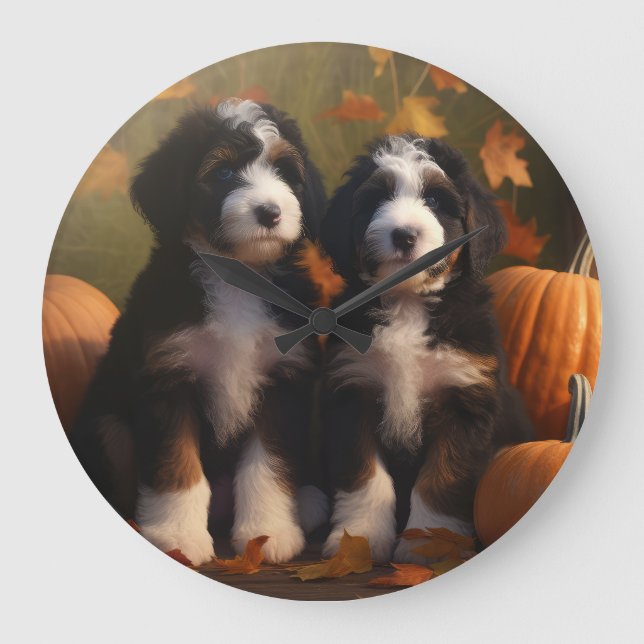 Grande Horloge Ronde Bernedoodle Chiot Automne Citrouille de plaisir (Recto)