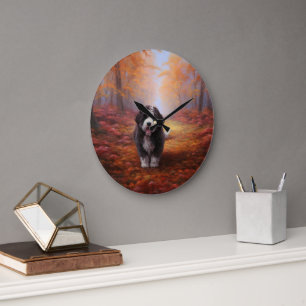 Grande Horloge Ronde Bernedoodle en automne Leaves automne Inspire