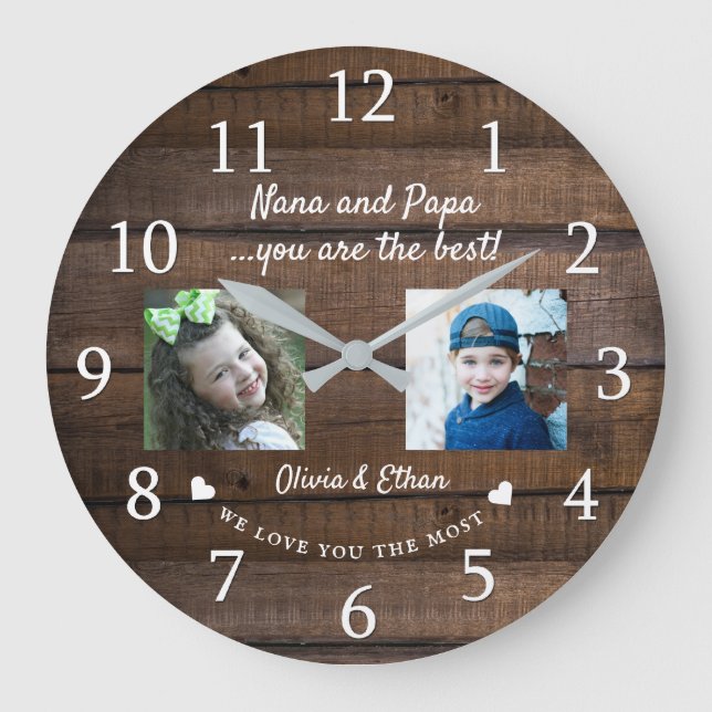 Grande Horloge Ronde Best Nana And Papa Grandkids Photo Collage Wood (Recto)