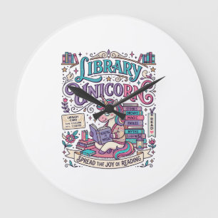 Grande Horloge Ronde Bibliothèque de licorne Licorne Coloré POD Artwork