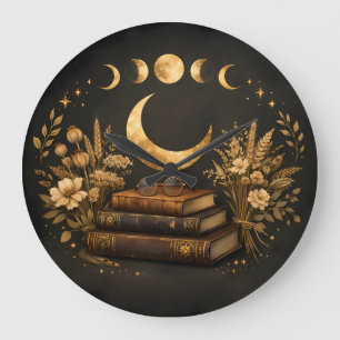 Grande Horloge Ronde Bibliothèque Mystique Dorée & Art Botanique Boho d