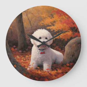 Grande Horloge Ronde Bichon Frise à l'automne Feuilles automne Inspire