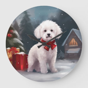Grande Horloge Ronde Bichon Frise Chien dans la neige Noël
