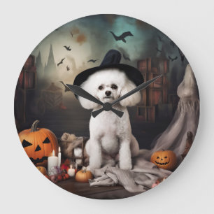 Grande Horloge Ronde Bichon Frisé Citrouilles Halloween Épouvantable