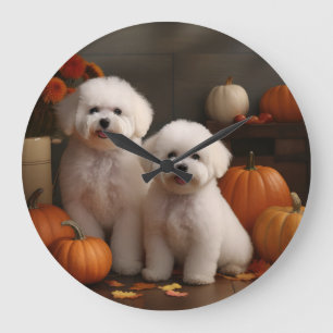 Grande Horloge Ronde Bichon Frise Puppy Automne Citrouille délice
