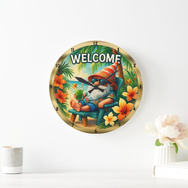 Grande Horloge Ronde Bienvenue Beach Gnome Tropical Relax (Maison)