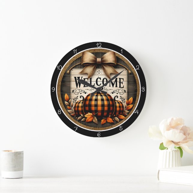 Grande Horloge Ronde Bienvenue Citrouilles Carreaux (Maison)