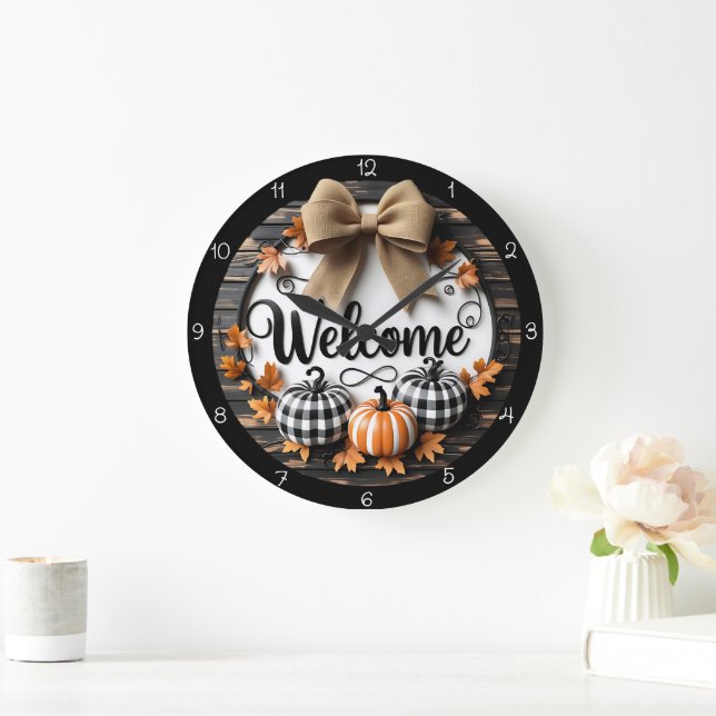 Grande Horloge Ronde Bienvenue citrouilles d'automne (Maison)