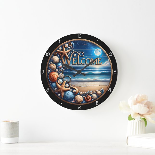 Grande Horloge Ronde Bienvenue Plage Coquillage  (Maison)