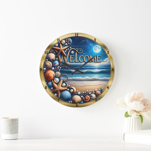 Grande Horloge Ronde Bienvenue Seashell Starfish Plage de la lune (Maison)