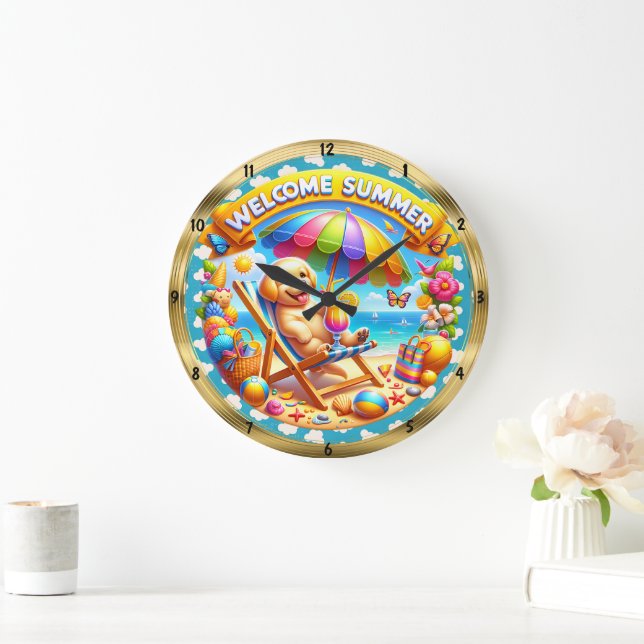 Grande Horloge Ronde Bienvenue Summer Dog Beach Fun (Maison)