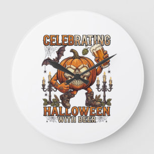Grande Horloge Ronde Bière d'Halloween Crâne Citrouille Chauve-Souris C