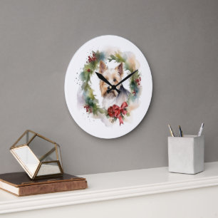 Grande Horloge Ronde Biewer Terrier Noël Wreath Festive Pup