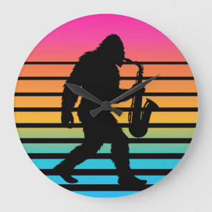 Grande Horloge Ronde Bigfoot Saxophone Coucher de Soleil Rétro