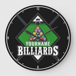 Grande Horloge Ronde Billard personnalisé NOM Cue Rack Pool Room