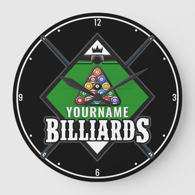 Grande Horloge Ronde Billard personnalisé NOM Cue Rack Pool Room (Recto)