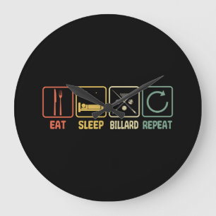 Grande Horloge Ronde Billiard Eat Sleep Repeat Retro Style Slogan