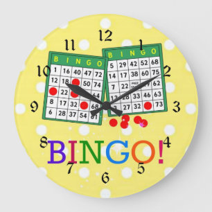 Grande Horloge Ronde Bingo ! Cartons de bingo verts et blancs sur fond