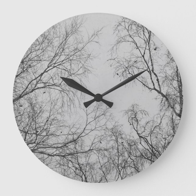 Grande Horloge Ronde Birch d'hiver nordique avec des oiseaux tits Photo (Recto)