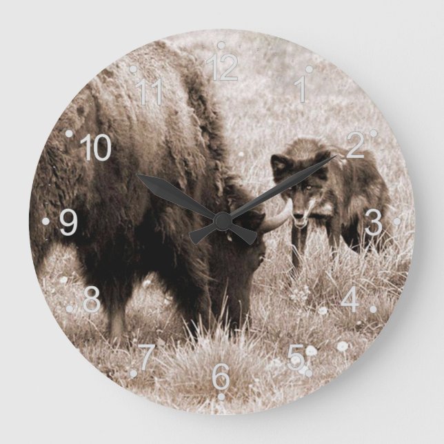 Grande Horloge Ronde Bison agressif et loup noir (Recto)