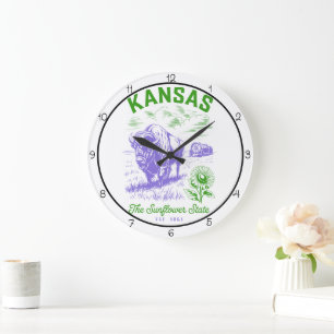 Grande Horloge Ronde Bison de l'État Fleur de Tournesol du Kansas 
