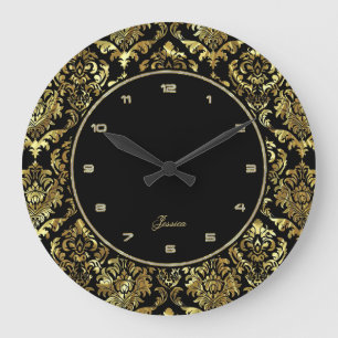 Grande Horloge Ronde Black And Faux Gold Floral Damas