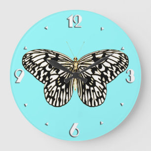 Grande Horloge Ronde Black and white butterfly, turquoise background