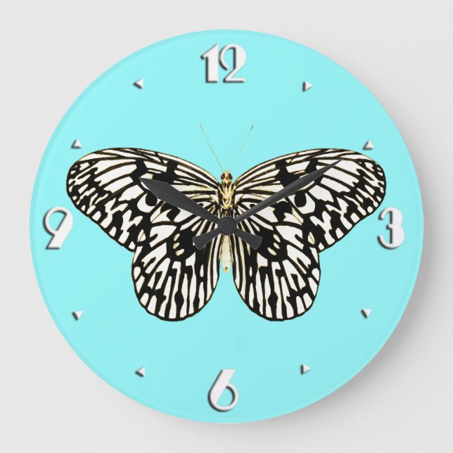 Grande Horloge Ronde Black and white butterfly, turquoise background (Recto)