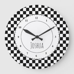 Grande Horloge Ronde Black and White Check Flag Large Clock