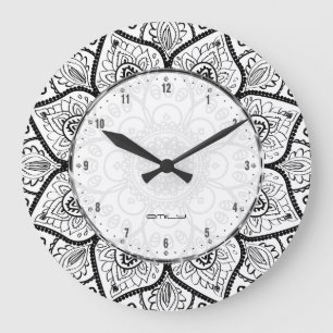 Grande Horloge Ronde Black And White Ornate Mandala Lace Design