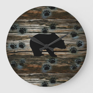 Grande Horloge Ronde Black Bear Black Bear Paws Rustic Wood
