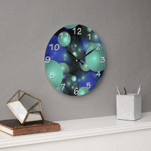 Grande Horloge Ronde Black Blue & Green Bubbles