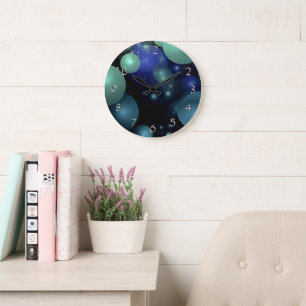 Grande Horloge Ronde Black Blue & Green Bubbles