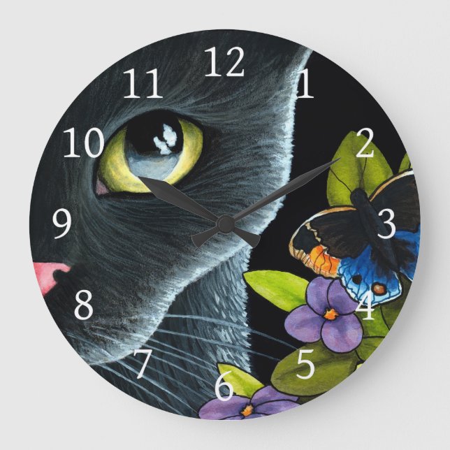 Grande Horloge Ronde Black Cat 557 Papillon bleu Fleurs (Recto)