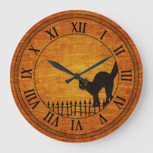 Grande Horloge Ronde Black Cat on Fence with Orange Chenille